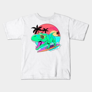 Dino surfing retro art Kids T-Shirt